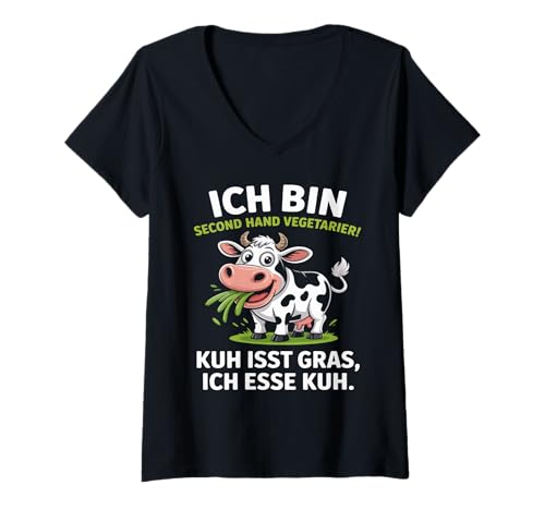 Damen Ich Bin Second Hand Vegetarier Kuh Isst Gras T-Shirt mit V-Ausschnitt Damen Ich Bin Second Hand Vegetarier Kuh Isst Gras T-Shirt mit V-Ausschnitt von Lustige Vegetarier Kuh Humor Spaß