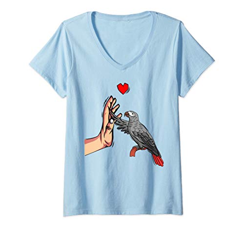 Damen Graupapagei Liebe Papagei Herz Vogel T-Shirt mit V-Ausschnitt von Lustige Vogel Liebhaber Geschenkideen