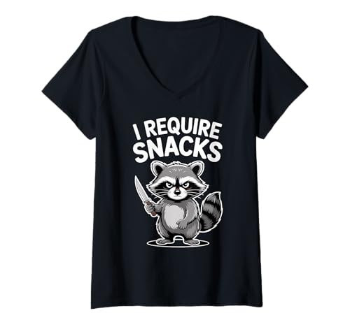 Damen I Require Snacks Waschbär Raccoon Humor T-Shirt mit V-Ausschnitt von Lustige Waldtier Humor Kollektion