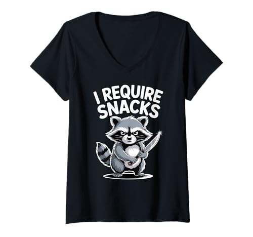 Damen I Require Snacks Waschbär Raccoon Humor T-Shirt mit V-Ausschnitt von Lustige Waldtier Humor Kollektion