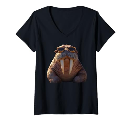Damen Walross mit Sonnenbrille Stoßzähne Robbe Pazifische Walrosse T-Shirt mit V-Ausschnitt von Lustige Walrosse für alle Walross Liebhaber