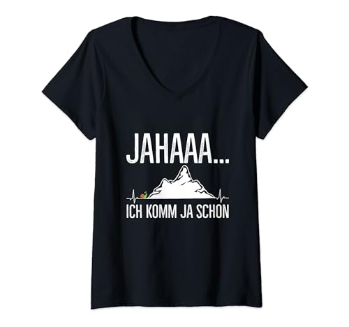 Damen Jahaa Ich Komm Ja Schon Wandern Berg Schnecke Herzschlag T-Shirt mit V-Ausschnitt Damen Jahaa Ich Komm Ja Schon Wandern Berg Schnecke Herzschlag T-Shirt mit V-Ausschnitt von Lustige Wander Sprüche Kleidung