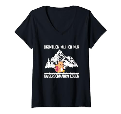 Damen Kaiserschmarrn Essen Wandern Berg Katze Wanderausflug Spruch T-Shirt mit V-Ausschnitt Damen Kaiserschmarrn Essen Wandern Berg Katze Wanderausflug Spruch T-Shirt mit V-Ausschnitt von Lustige Wander Sprüche Kleidung