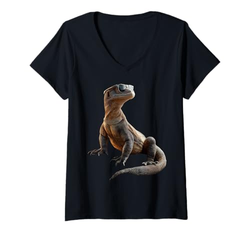 Damen Waran Echse Reptil Komodowaran Bindenwaran Lizard Waran T-Shirt mit V-Ausschnitt Damen Waran Echse Reptil Komodowaran Bindenwaran Lizard Waran T-Shirt mit V-Ausschnitt von Lustige Warane für Reptilien Liebhaber