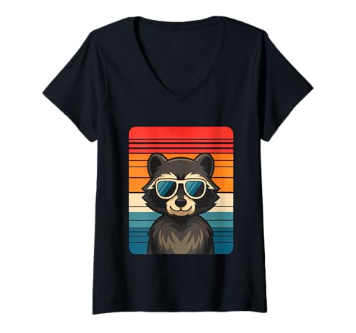Damen Cooler Retro -Waschbär Sonnenbrille 70er 80er 90er lustige T-Shirt mit V-Ausschnitt Damen Cooler Retro -Waschbär Sonnenbrille 70er 80er 90er lustige T-Shirt mit V-Ausschnitt von Lustige Waschbären Liebhaber Outfit Geschenke