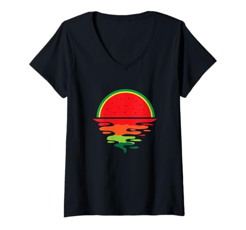 Damen Wassermelone Sommer Sonnenuntergang Wassermelone T-Shirt mit V-Ausschnitt Damen Wassermelone Sommer Sonnenuntergang Wassermelone T-Shirt mit V-Ausschnitt von Lustige Wassermelonen Geschenke