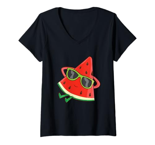 Damen Wassermelonen Sommer Melone Wassermelone mit Sonnenbrille T-Shirt mit V-Ausschnitt Damen Wassermelonen Sommer Melone Wassermelone mit Sonnenbrille T-Shirt mit V-Ausschnitt von Lustige Wassermelonen Geschenke