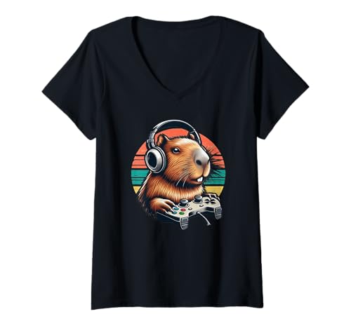 Damen Retro Wasserschwein Lustige Videospiele Capybara Gamer Jungs T-Shirt mit V-Ausschnitt Damen Retro Wasserschwein Lustige Videospiele Capybara Gamer Jungs T-Shirt mit V-Ausschnitt von Lustige Wasserschwein-Liebhaber für Gamer Jungen