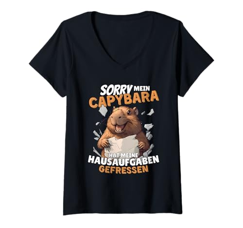 Damen Sorry Mein Capybara Hat Meine Hausaufgaben Gefressen T-Shirt mit V-Ausschnitt Damen Sorry Mein Capybara Hat Meine Hausaufgaben Gefressen T-Shirt mit V-Ausschnitt von Lustige Wasserschwein Nagetier Designs & Geschenke