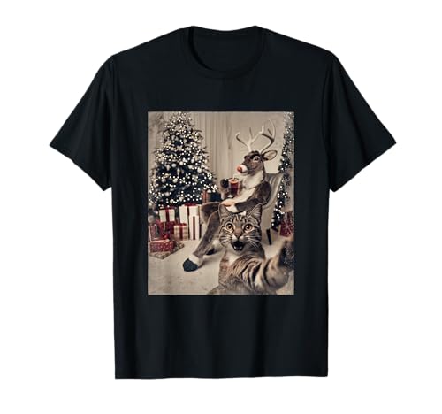 Lustige Weihnachtsshirts Selfie Katze Weihnachts-T-Shirt Schwarz S Klassisch Crew-Ausschnitt Kurzarm Winter Pull-On 1 Count Unisex Erwachsene Unisex-Kinder von Lustige Weihachtsshirts Weihnachtspullis Rentier