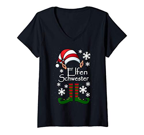 Damen Elfen Schwester - Mädchen Elfe Weihnachten Ugly Christmas T-Shirt mit V-Ausschnitt Damen Elfen Schwester - Mädchen Elfe Weihnachten Ugly Christmas T-Shirt mit V-Ausschnitt von Lustige Weihnachten Elfen Familie Partner Geschenk