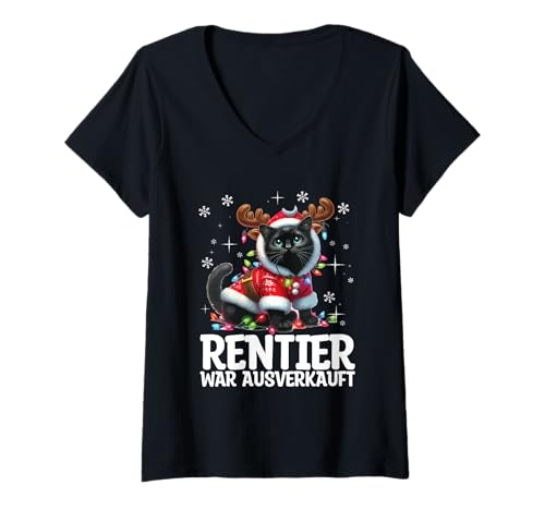 Damen Rentier War Ausverkauft Weihnachten Kater Weihnachtszeit T-Shirt mit V-Ausschnitt Damen Rentier War Ausverkauft Weihnachten Kater Weihnachtszeit T-Shirt mit V-Ausschnitt von Lustige Weihnachten Sprüche