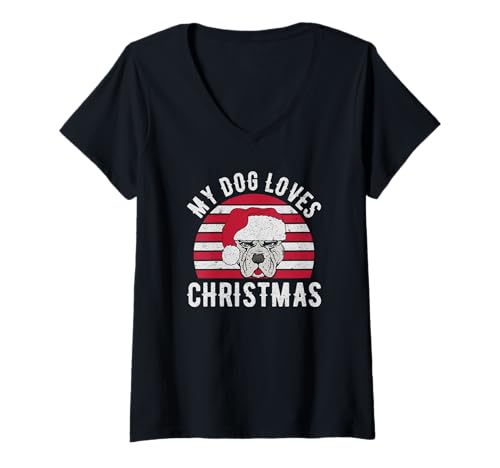 Damen My Dog Loves Christmas Hund X-MAS Retro Vintage Pitbull T-Shirt mit V-Ausschnitt Damen My Dog Loves Christmas Hund X-MAS Retro Vintage Pitbull T-Shirt mit V-Ausschnitt von Lustige Weihnachtsshirts & Weihnachtsgeschenke