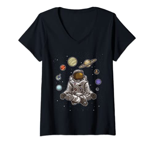 Damen Yoga Astronaut meditiert im Weltraum und fühlt die Galaxie T-Shirt mit V-Ausschnitt von Lustige Weltraum Geschenkidee