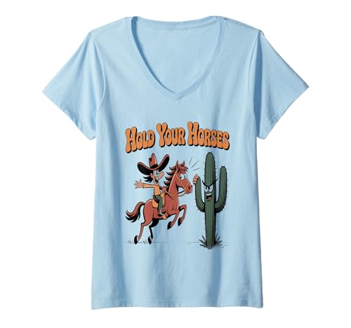 Damen Hold Your Horses Angry Cactus Cowboy Cartoon Rancher“ T-Shirt mit V-Ausschnitt Damen Hold Your Horses Angry Cactus Cowboy Cartoon Rancher“ T-Shirt mit V-Ausschnitt von Lustige Western-Karikatur Desert Rodeo Vibe Graph