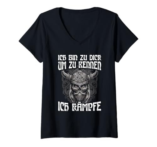 Damen Ich Bin Zu Dick Um Zu Rennen Ich Kämpfe Humor Wikinger T-Shirt mit V-Ausschnitt Damen Ich Bin Zu Dick Um Zu Rennen Ich Kämpfe Humor Wikinger T-Shirt mit V-Ausschnitt von Lustige Wikinger Sprüche