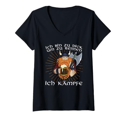 Damen Ich Bin Zu Dick Um Zu Rennen Ich Kämpfe Wikinger Bier Spruch T-Shirt mit V-Ausschnitt Damen Ich Bin Zu Dick Um Zu Rennen Ich Kämpfe Wikinger Bier Spruch T-Shirt mit V-Ausschnitt von Lustige Wikinger Sprüche