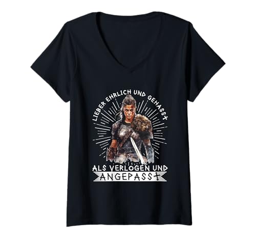 Damen Lieber Ehrlich Gehasst Als Verlogen Angepasst Kämpfer Frau T-Shirt mit V-Ausschnitt Damen Lieber Ehrlich Gehasst Als Verlogen Angepasst Kämpfer Frau T-Shirt mit V-Ausschnitt von Lustige Wikinger Sprüche
