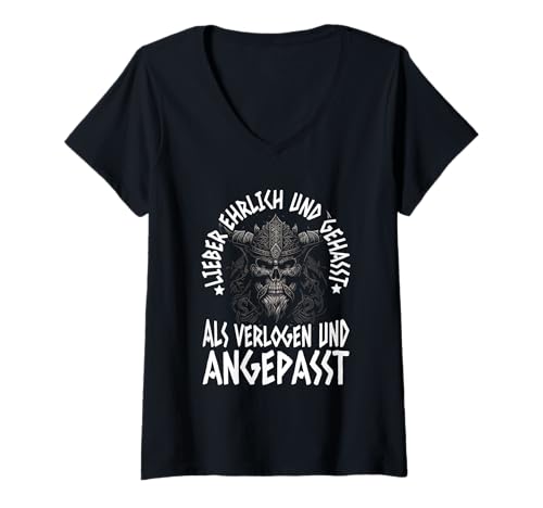 Damen Lieber Ehrlich Gehasst Als Verlogen Angepasst Wikinger Runen T-Shirt mit V-Ausschnitt Damen Lieber Ehrlich Gehasst Als Verlogen Angepasst Wikinger Runen T-Shirt mit V-Ausschnitt von Lustige Wikinger Sprüche