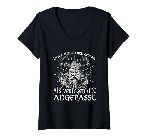 Damen Lieber Ehrlich Gehasst Als Verlogen Angepasst Wikinger T-Shirt mit V-Ausschnitt von Lustige Wikinger Sprüche