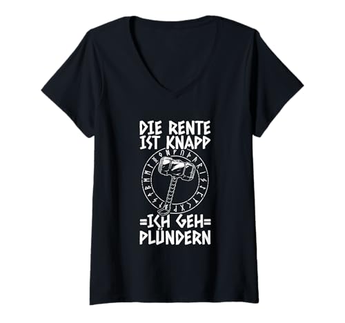 Damen Die Rente Ist Knapp Ich GEH Plündern Wikinger Hammer Rentner T-Shirt mit V-Ausschnitt Damen Die Rente Ist Knapp Ich GEH Plündern Wikinger Hammer Rentner T-Shirt mit V-Ausschnitt von Lustige Wikinger & Rentner Sprüche