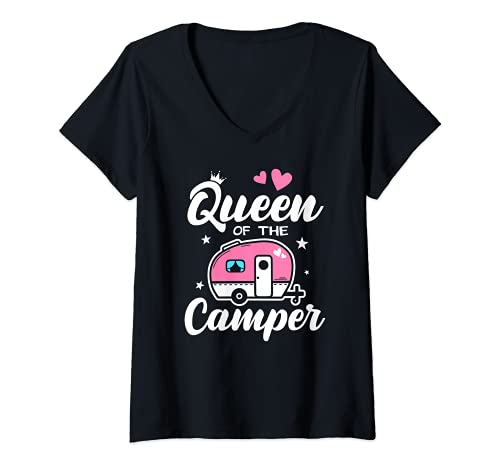 Lustige Wohnmobil Camping Sprüche Damen Queen Of The Camper Camping T-Shirt mit V-Ausschnitt Schwarz S von Lustige Wohnmobil Camping Sprüche