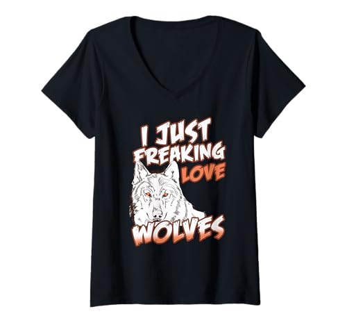 Damen Ich Liebe Wölfe Tierwitz Lustiger Spruch Wildfreunde T-Shirt mit V-Ausschnitt von Lustige Wolfsliebhaber Tierliebe Humorvoll