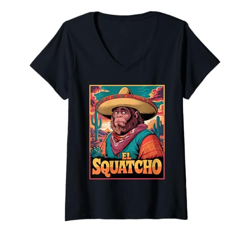 Damen EL Squatcho Bigfoot Sasquatch Sombrero Mexikanisch Kryptid T-Shirt mit V-Ausschnitt Damen EL Squatcho Bigfoot Sasquatch Sombrero Mexikanisch Kryptid T-Shirt mit V-Ausschnitt von Lustige Wüsten Sasquatch El Squatcho Folklore