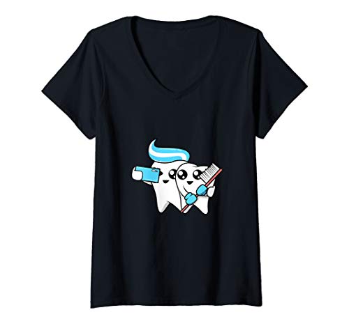 Damen Zähne Selfie - Zahnarzt Zahntechniker Zahnarzthelferin T-Shirt mit V-Ausschnitt Damen Zähne Selfie - Zahnarzt Zahntechniker Zahnarzthelferin T-Shirt mit V-Ausschnitt von Lustige Zahnmedizin Kleidung JK
