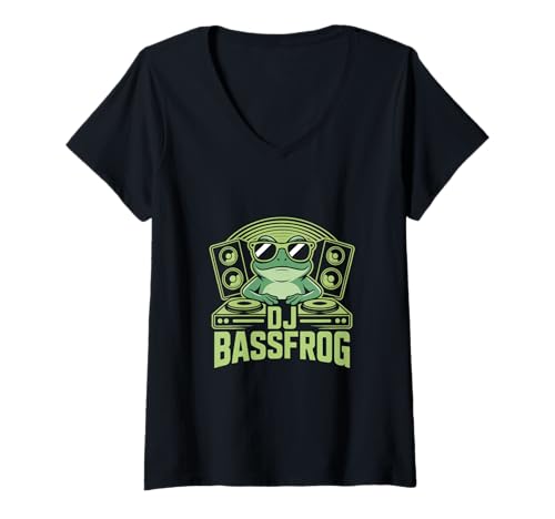 Damen DJ Bassfrog Frosch DJ Bass Rave Techno Club Party T-Shirt mit V-Ausschnitt von Lustige elektronische DJ Musik Party Animals Vibes