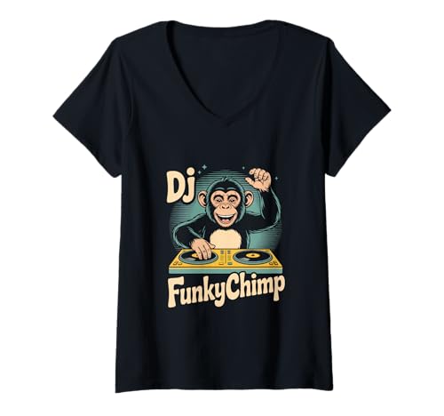 Damen DJ FunkyChimp Schimpanse AFFE Turntables Party Mix T-Shirt mit V-Ausschnitt von Lustige elektronische DJ Musik Party Animals Vibes