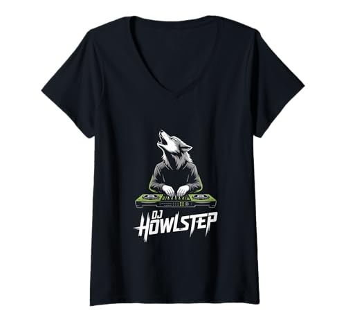 Damen DJ HOWLSTEP Wolf DJ Mischpult Rave Festival Bass T-Shirt mit V-Ausschnitt von Lustige elektronische DJ Musik Party Animals Vibes