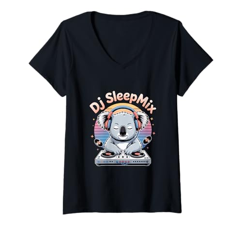Damen DJ SleepMix Koala DJ Retro Vinyl Plattenspieler Chill T-Shirt mit V-Ausschnitt von Lustige elektronische DJ Musik Party Animals Vibes
