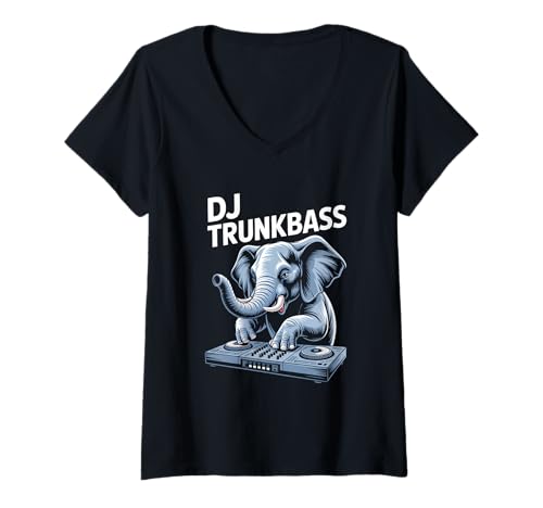 Damen DJ Trunkbass Elefant Am Mischpult Club Musik Rave T-Shirt mit V-Ausschnitt von Lustige elektronische DJ Musik Party Animals Vibes