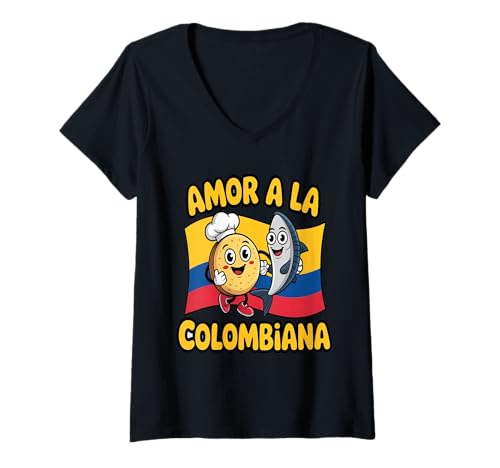 Damen Amor A La Colombiana Arepa Fisch Humor Cultura T-Shirt mit V-Ausschnitt Damen Amor A La Colombiana Arepa Fisch Humor Cultura T-Shirt mit V-Ausschnitt von Lustige kolumbianische Esskultur Humor Bekleidung