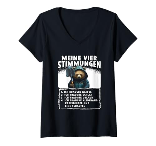 Damen Meine vier Stimmungen sagen Job Job Urlaub Kaffeebär T-Shirt mit V-Ausschnitt Damen Meine vier Stimmungen sagen Job Job Urlaub Kaffeebär T-Shirt mit V-Ausschnitt von Lustige meine vier Stimmungen Morgen Kaffee Spruch