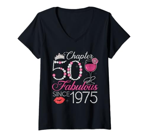 Damen Kapitel 50 fabelhaft seit 1975 T-Shirt mit V-Ausschnitt Damen Kapitel 50 fabelhaft seit 1975 T-Shirt mit V-Ausschnitt von Lustiger 50. Geburtstag geboren 1975 50 Jahre alte