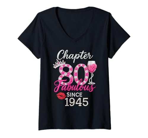 Damen Kapitel 80 fabelhaft seit 1945 T-Shirt mit V-Ausschnitt von Lustiger 80. Geburtstag geboren 1945 80 Jahre alte
