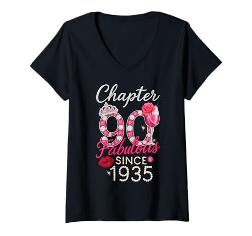 Damen Kapitel 90 fabelhaft seit 1935 T-Shirt mit V-Ausschnitt von Lustiger 90. Geburtstag geboren 1935 90 Jahre alte