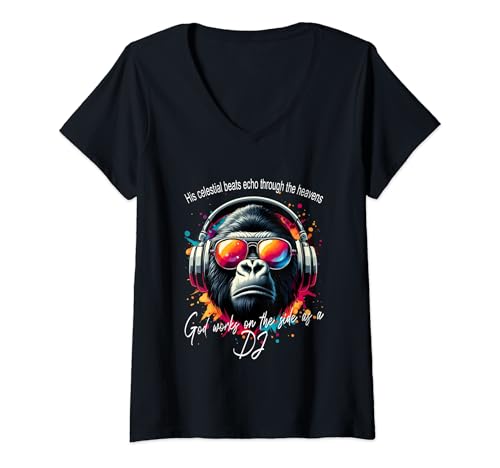 Damen Hip Hop DJ Monkey Affe mit Kopfhörer und Sonnenbrille T-Shirt mit V-Ausschnitt Damen Hip Hop DJ Monkey Affe mit Kopfhörer und Sonnenbrille T-Shirt mit V-Ausschnitt von Lustiger Affe DJ Musik Kopfhörer und Sonnenbrille