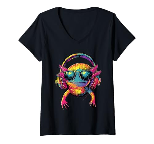 Damen Axolotl Kleiner Querzahnmolch Schwanzlurch Süßer Axolotl T-Shirt mit V-Ausschnitt von Lustiger Axolotl für Amphibien Liebhaber