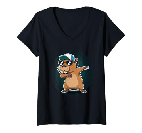 Damen Cooler Dabbing Biber Mit Sonnenbrille T-Shirt mit V-Ausschnitt Damen Cooler Dabbing Biber Mit Sonnenbrille T-Shirt mit V-Ausschnitt von Lustiger Biber Hip Hop Tanz Tier Freund