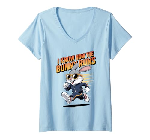 Damen Denglisch I Know How The Bunny Runs Süßer Hase Design T-Shirt mit V-Ausschnitt von Lustiger Bunny Apparel