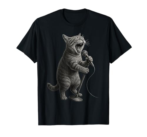 Katze am Mikrofon Rock and Roll Star für Männer und Frauen T-Shirt von Lustiger Classic Rock Cat Sänger