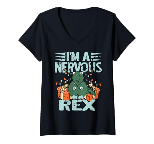 Damen Ich Bin EIN nervöser Rex Weihnachtsdino-Witz T-Shirt mit V-Ausschnitt Damen Ich Bin EIN nervöser Rex Weihnachtsdino-Witz T-Shirt mit V-Ausschnitt von Lustiger Dino Feiertagsstress Ausdruck