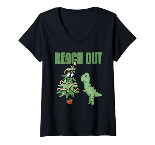 Damen Weihnachten Dino Szene Reich Weit Baum Humor Festlich T-Shirt mit V-Ausschnitt von Lustiger Dino Spruch zur Weihnachtszeit