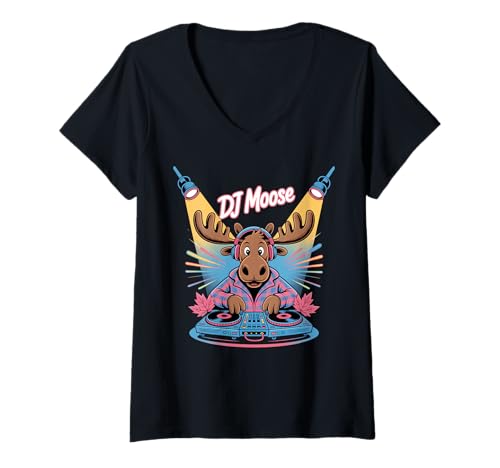 Damen Dj Moose Tier Musik Party Elch Spaß T-Shirt mit V-Ausschnitt Damen Dj Moose Tier Musik Party Elch Spaß T-Shirt mit V-Ausschnitt von Lustiger Dj Tier Elch Spaß Musik Party