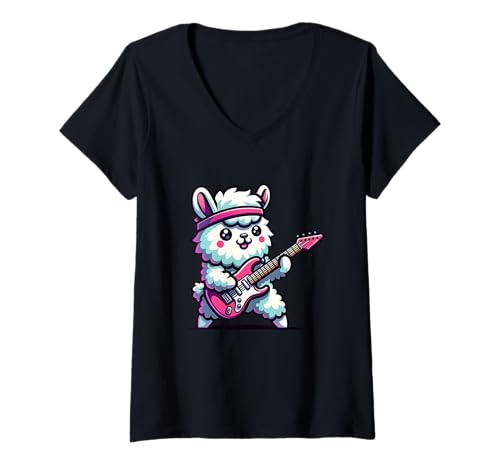 Damen E-Gitarre Llama Rockt Die Bühne T-Shirt mit V-Ausschnitt Damen E-Gitarre Llama Rockt Die Bühne T-Shirt mit V-Ausschnitt von Lustiger E-Gitarre Llama Musik Tier