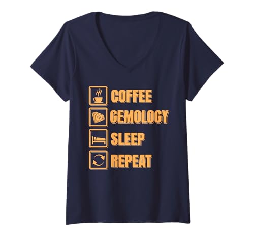 Damen Kaffee Gemologie Schlaf Wiederholen Geschenk T-Shirt mit V-Ausschnitt Damen Kaffee Gemologie Schlaf Wiederholen Geschenk T-Shirt mit V-Ausschnitt von Lustiger Edelstein Fan Mineralien Nerd Humor