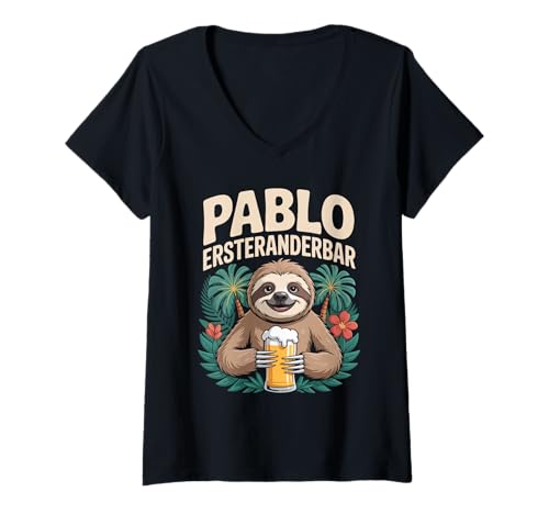 Damen Pablo Ersteranderbar Faultier Lustig T-Shirt mit V-Ausschnitt Damen Pablo Ersteranderbar Faultier Lustig T-Shirt mit V-Ausschnitt von Lustiger Faultier Bier Retro Sonnenuntergang